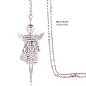 Angel Wings Pearl Girl Silver Rhinestone Figurine Necklace w 27 in Chain New!